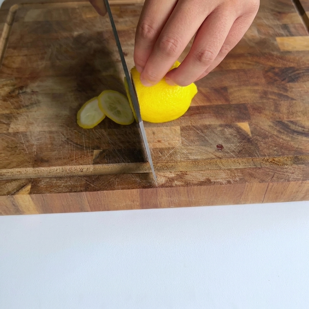 Une main maintenant un citron jaune sur une planche en bois pendant quun couteau coupe de fines rondelles.