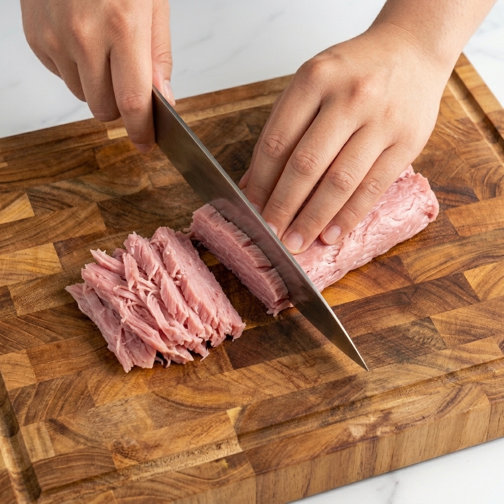 Couteau de chef éminçant un tas de gingembre rose mariné en fins bâtonnets sur une planche en bois.