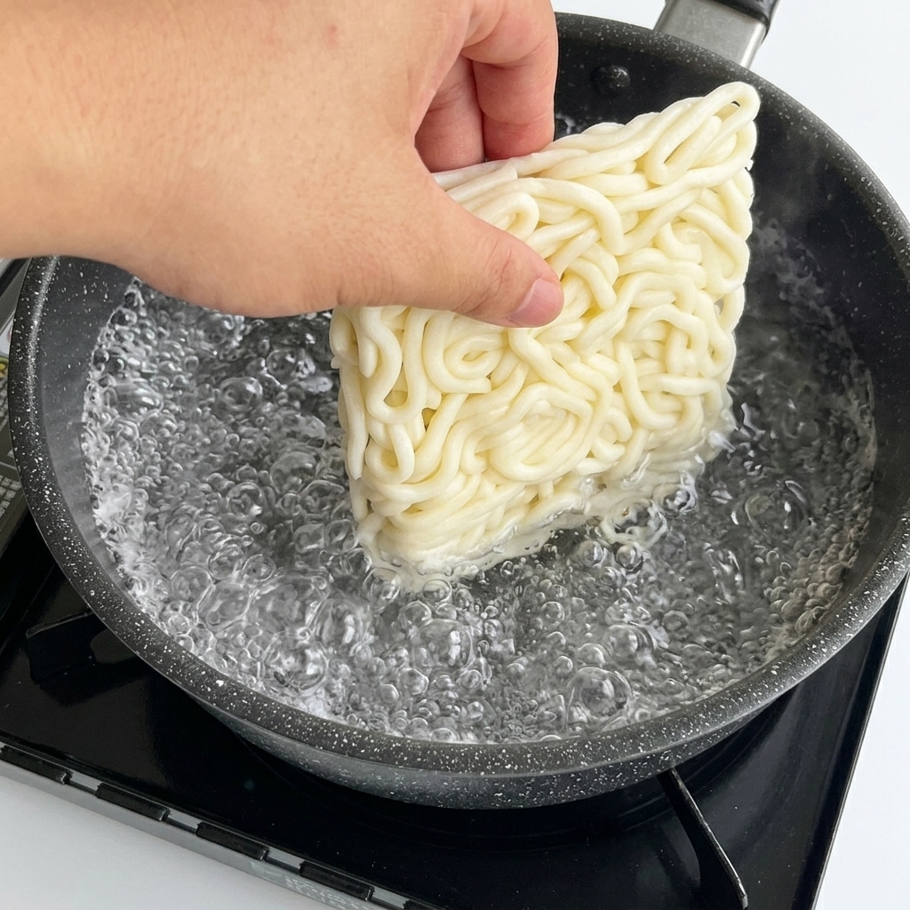 Une main plongeant un bloc dudon blanches surgelées dans une casserole deau bouillante.