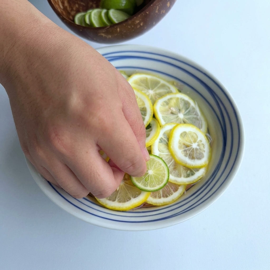 Une main posant une fine rondelle de citron vert parfumé sur un bol déjà décoré de tranches de citron jaune.