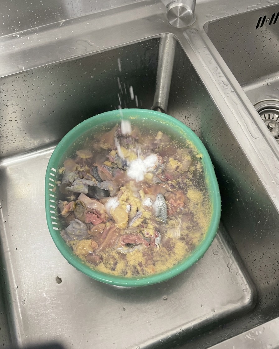 Des mains lavant des morceaux de poulet de soie dans un récipient vert sous un filet deau du robinet, avec un ajout de sel.