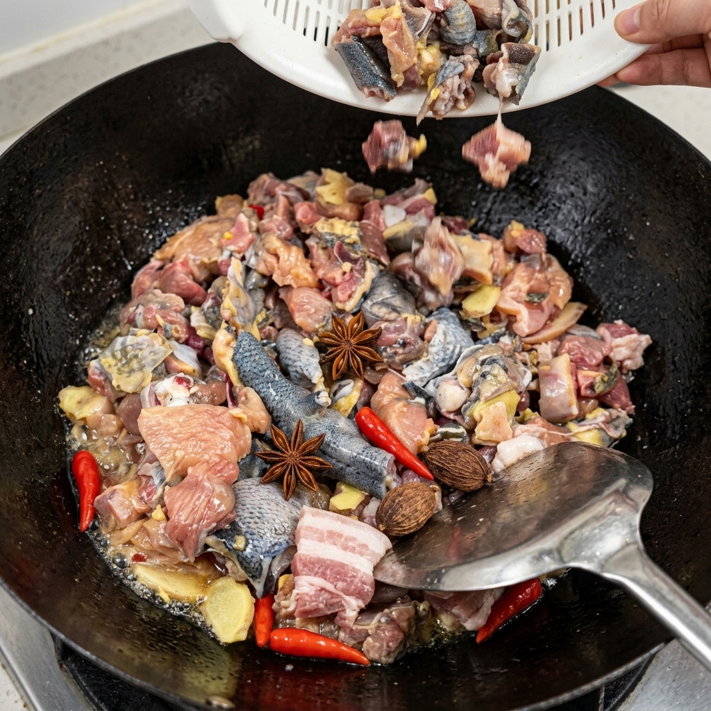 Des morceaux de poulet de soie versés depuis une passoire en plastique blanc dans un grand wok noir contenant lhuile et les épices.