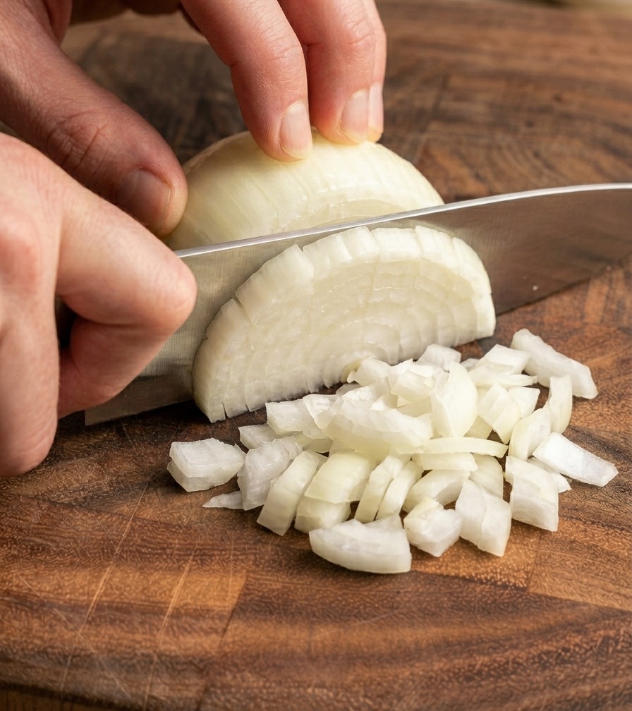 Mains éminçant un oignon blanc pelé en petits dés sur une planche à découper en bois avec un couteau bien aiguisé.