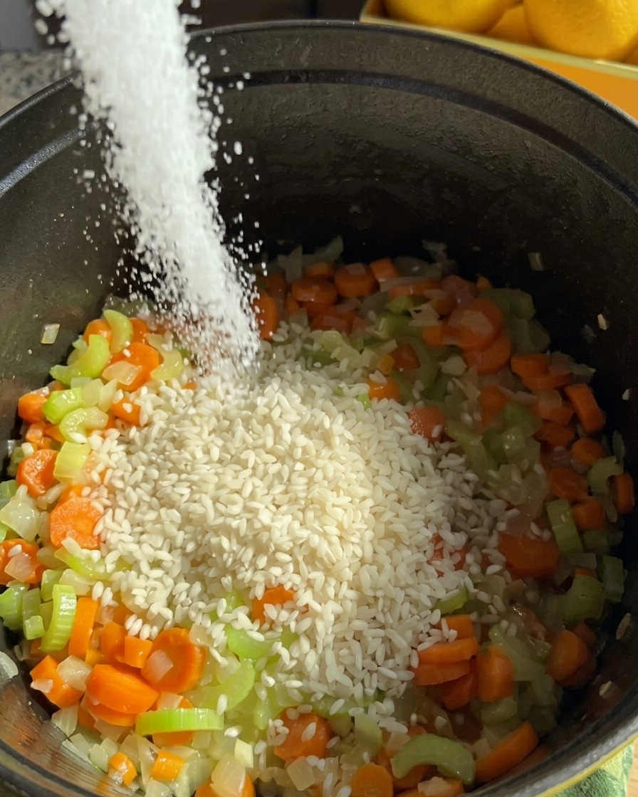 Du sel fin saupoudré sur du riz jasmin cru et des légumes coupés dans une marmite noire.