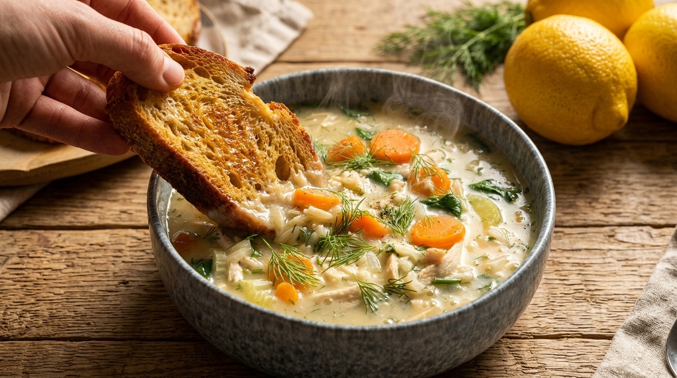 Soupe crémeuse au poulet, citron et riz jasmin