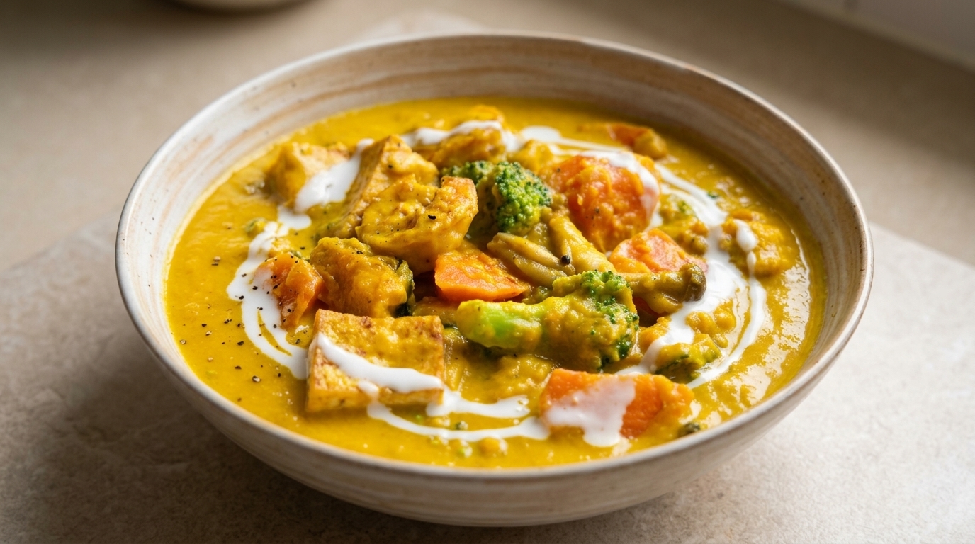 Velouté crémeux de potiron aux crevettes et tofu croustillant