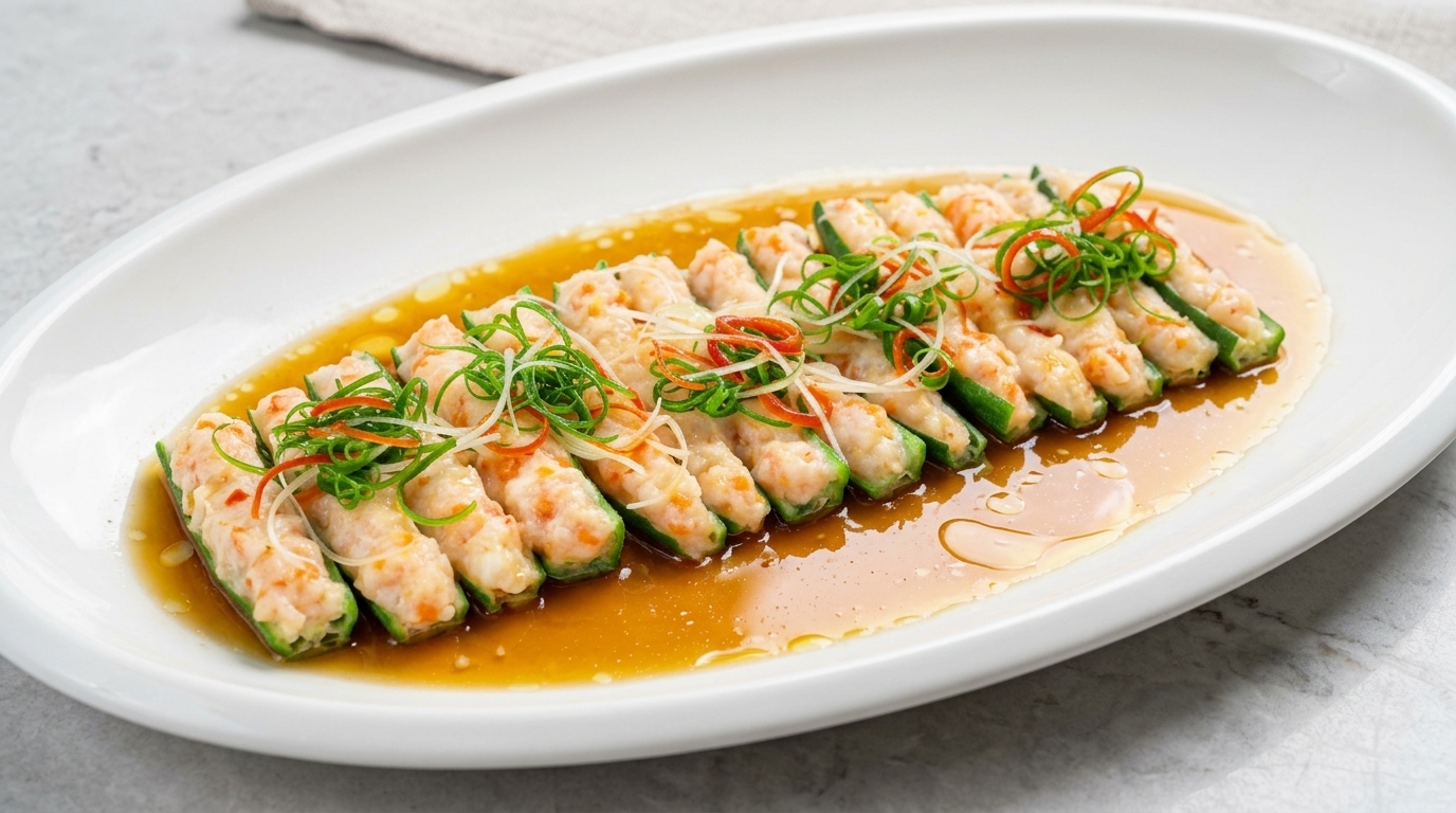 Gombos à la vapeur farcis aux crevettes et sauce soja aromatisée