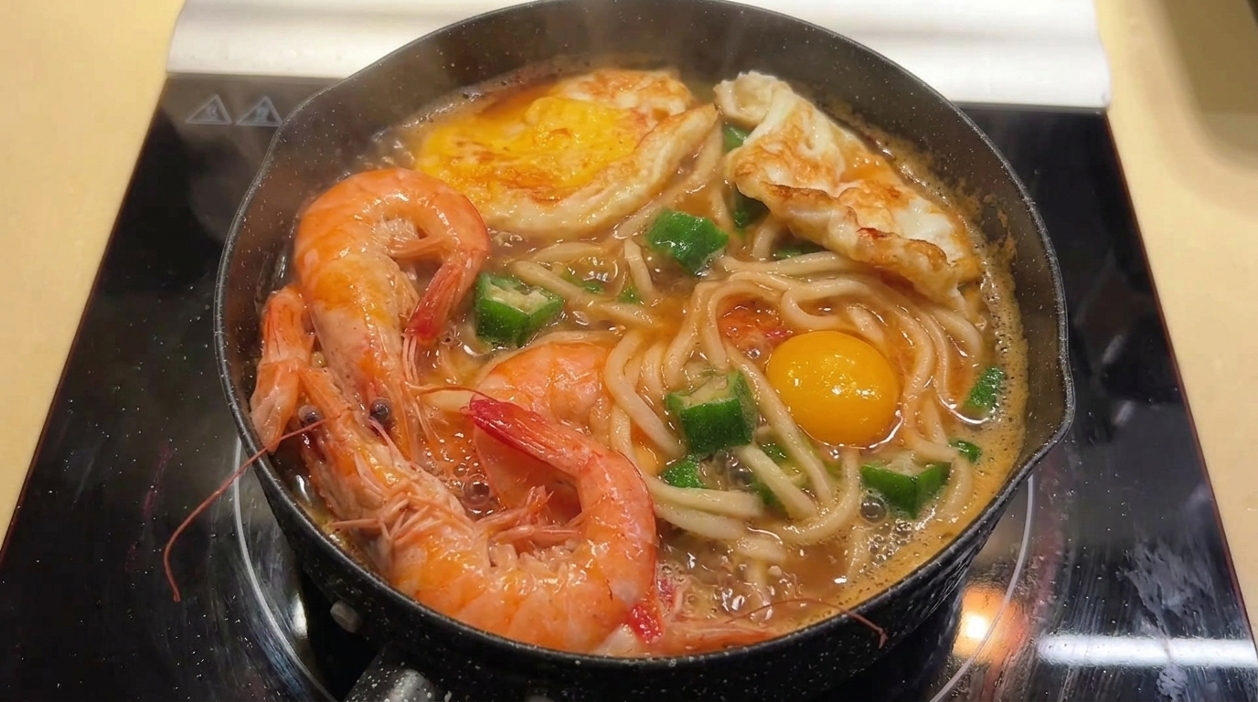 Soupe de nouilles aux crevettes fraîches, gombos et œufs au plat