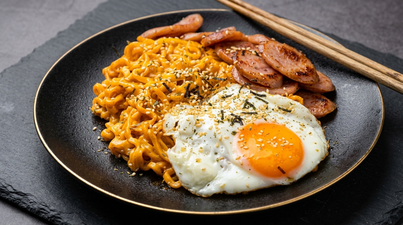Nouilles Buldak crémeuses au fromage et à la saucisse (Ramen au poulet épicé)