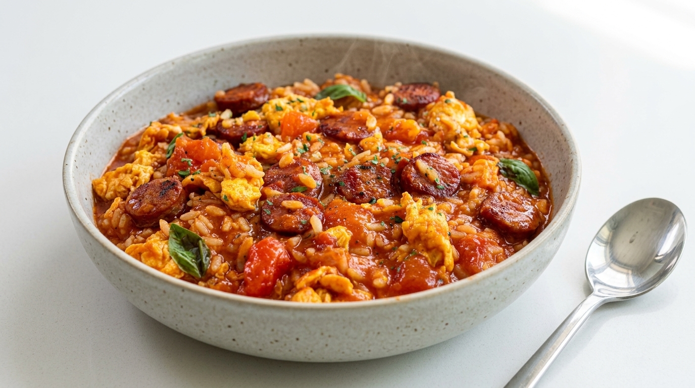 Riz sauté savoureux à la tomate et à la saucisse