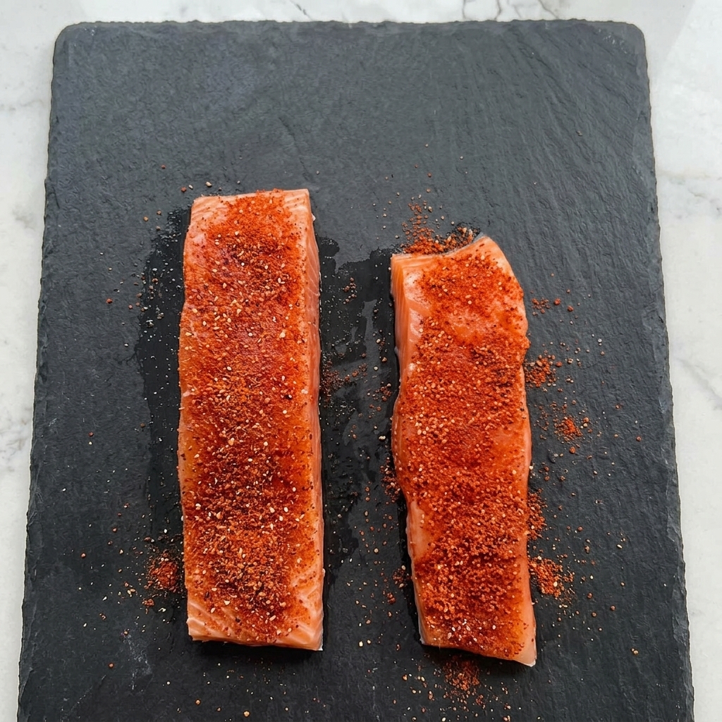 Deux pavés de saumon crus généreusement enrobés dun mélange dépices rouges sur une planche à découper en ardoise sombre.