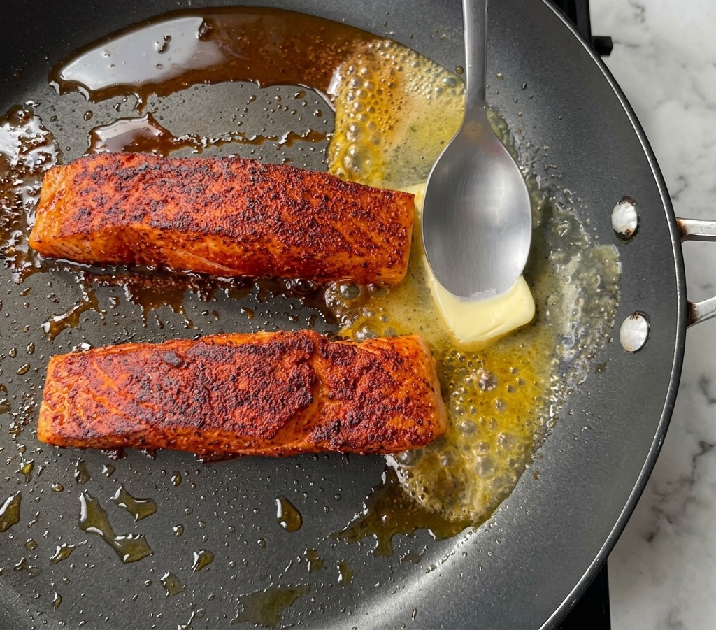 Une cuillère en métal versant du beurre fondu et moussant sur deux pavés de saumon saisis dans une poêle.