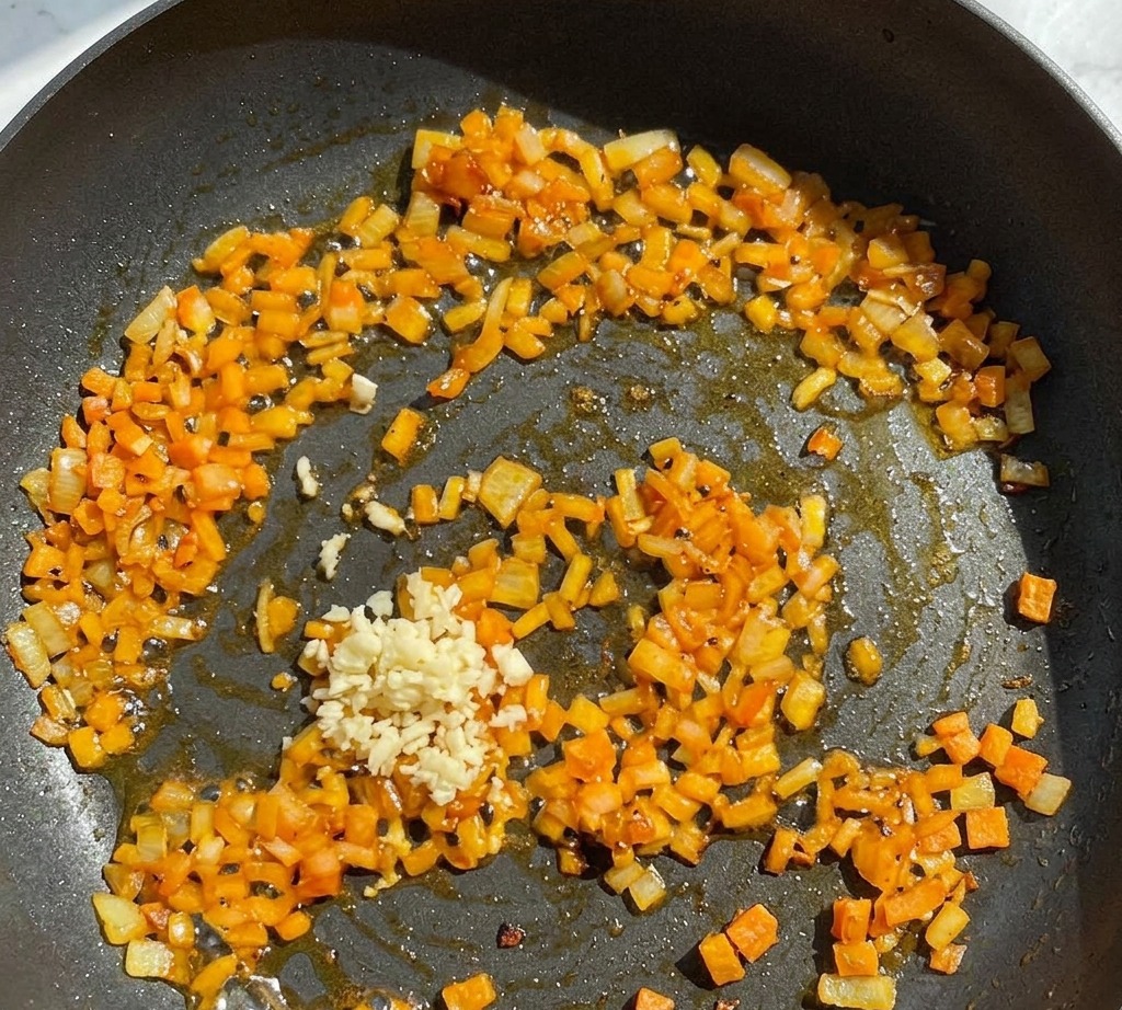 De lail haché ajouté dans une poêle contenant les oignons revenus et de petits morceaux de légumes orangés.