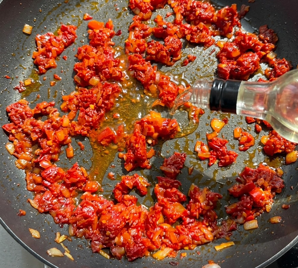 Du vin blanc versé depuis une bouteille transparente dans une poêle contenant la base de tomates séchées et doignons.