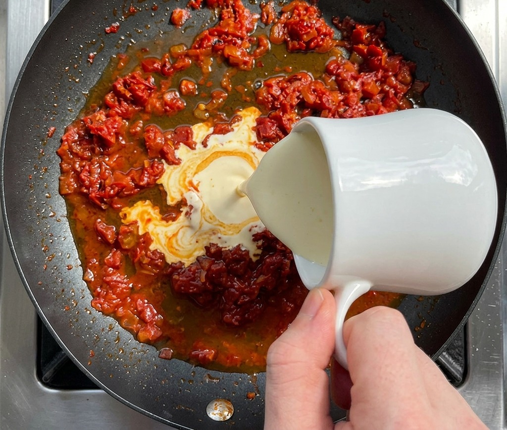 De la crème liquide versée dun pichet blanc dans une poêle de sauce rouge frémissante, créant des volutes blanches et orangées.
