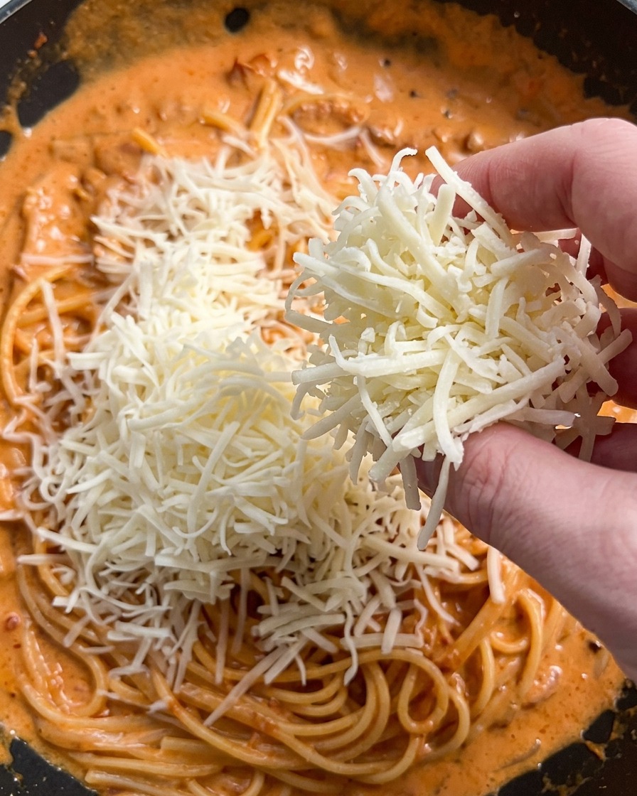 Une main saupoudrant du parmesan blanc râpé sur une grande poêle de pâtes crémeuses.