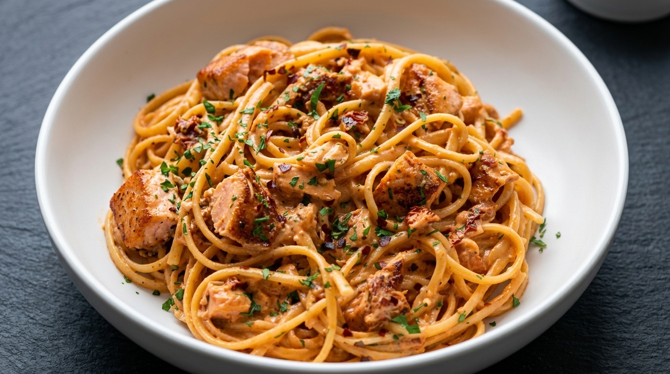 Pâtes crémeuses au saumon épicé et tomates séchées