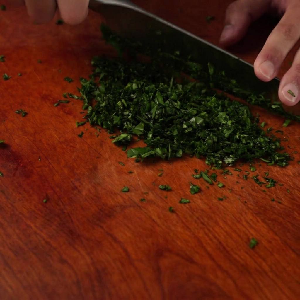 Un tas de feuilles de basilic frais dun vert éclatant finement ciselées sur une planche à découper.