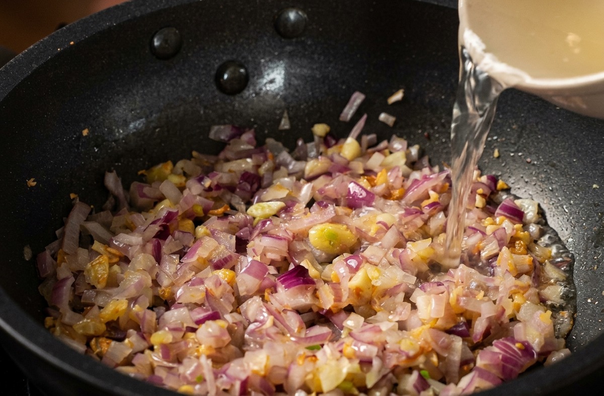 Bouillon de volaille limpide versé depuis un bol dans une poêle contenant les oignons rouges et lail revenus.