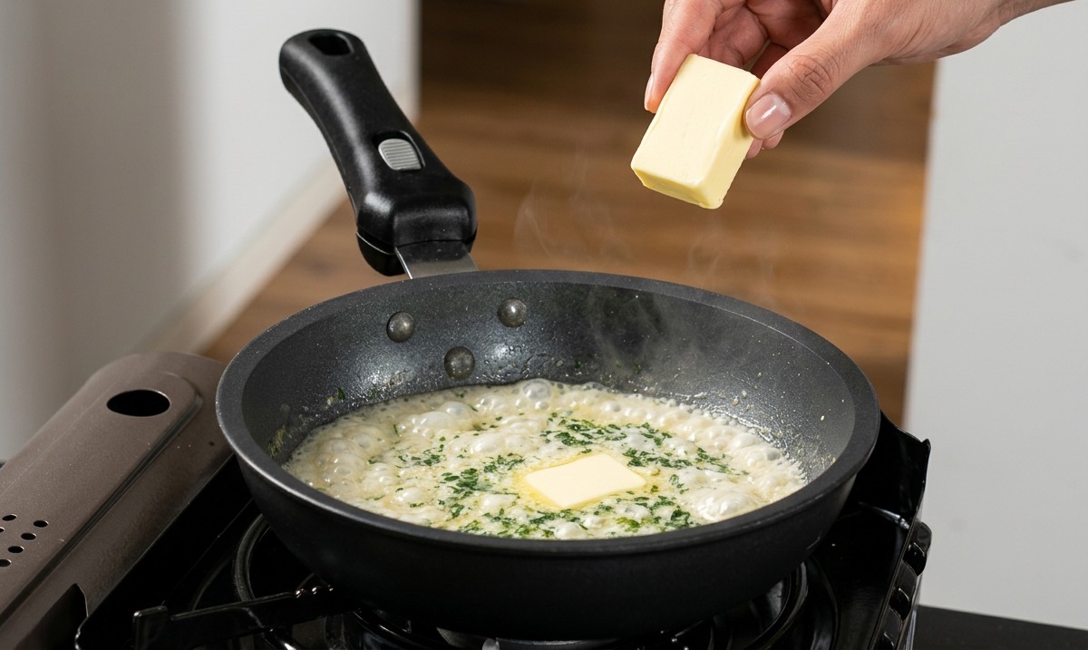 Une main tenant un morceau de beurre jaune au-dessus dune sauce à la crème aux herbes bouillonnante dans une poêle.