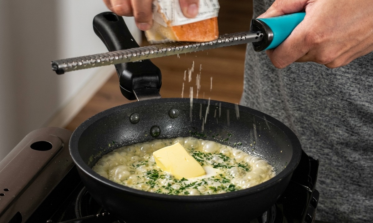 Une personne utilisant une râpe manuelle pour ajouter du fromage au-dessus dune sauce blanche frémissante.