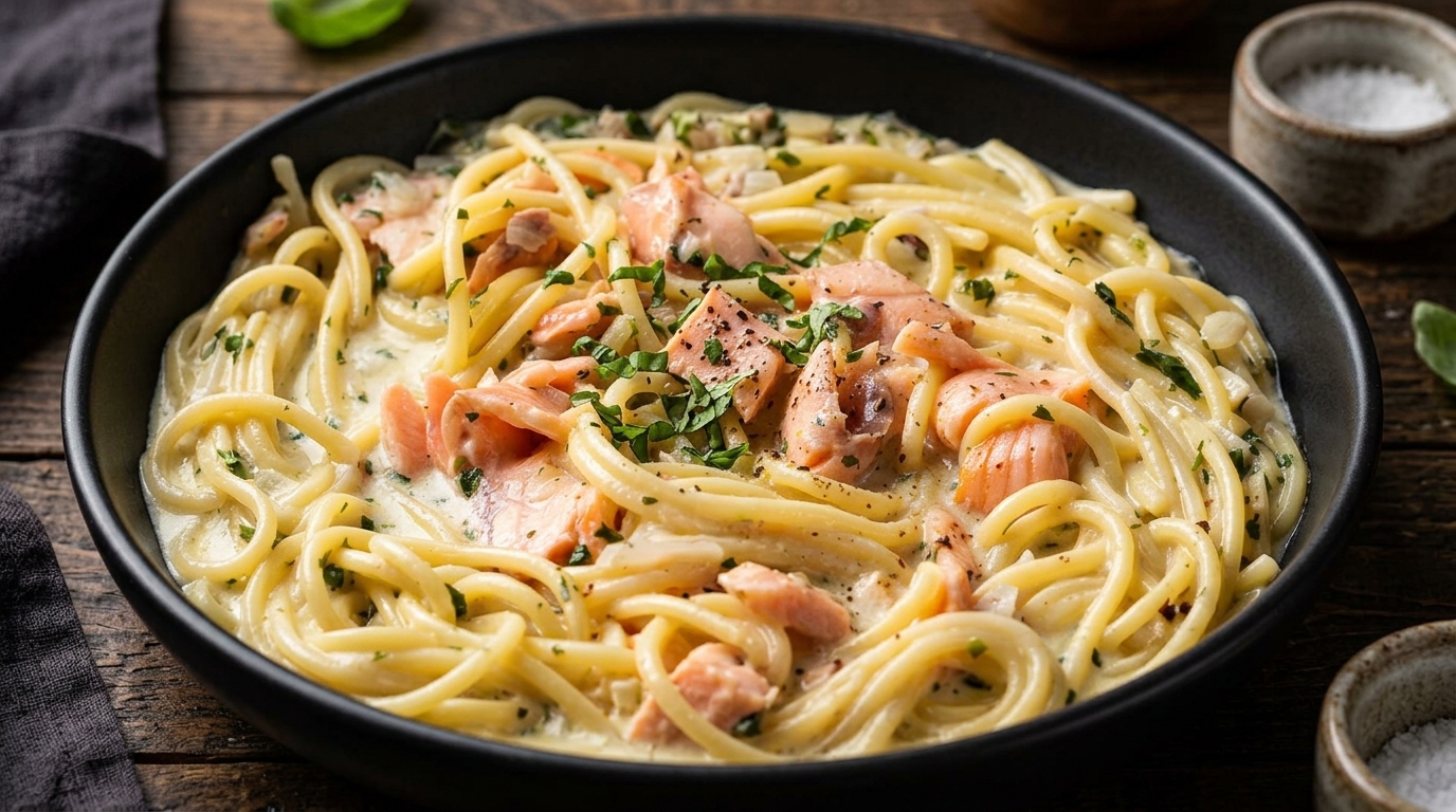 Une poêlée de spaghettis crémeux nappés dune riche sauce blanche, parsemés de lamelles de saumon fumé rose et de basilic frais.