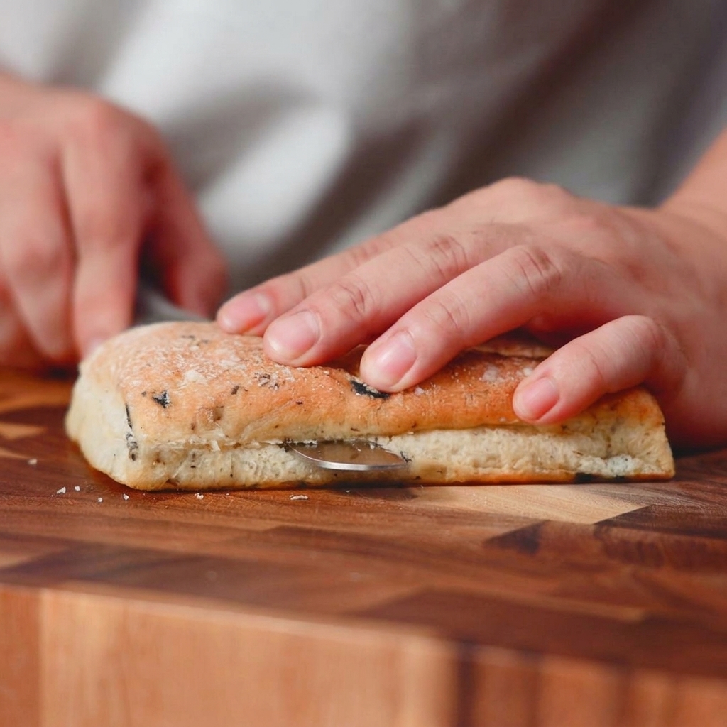 Une main maintenant un pain ciabatta stable tout en le coupant horizontalement avec un couteau sur une planche en bois.