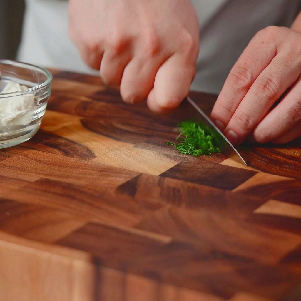 Un couteau de chef éminçant finement un bouquet daneth vert frais sur une planche à découper en bois foncé.