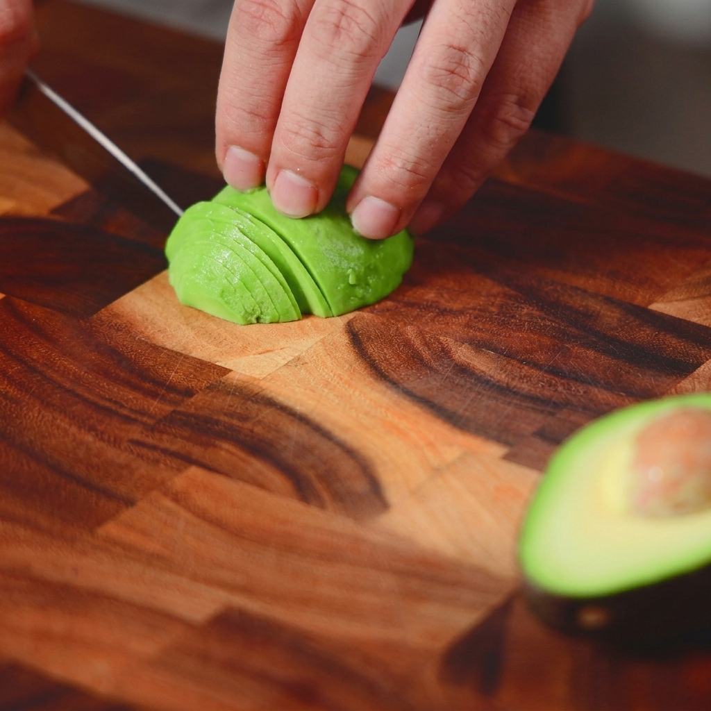 Gros plan sur une main utilisant un couteau pour couper de fines lamelles régulières dun avocat vert vif sur une planche en bois.