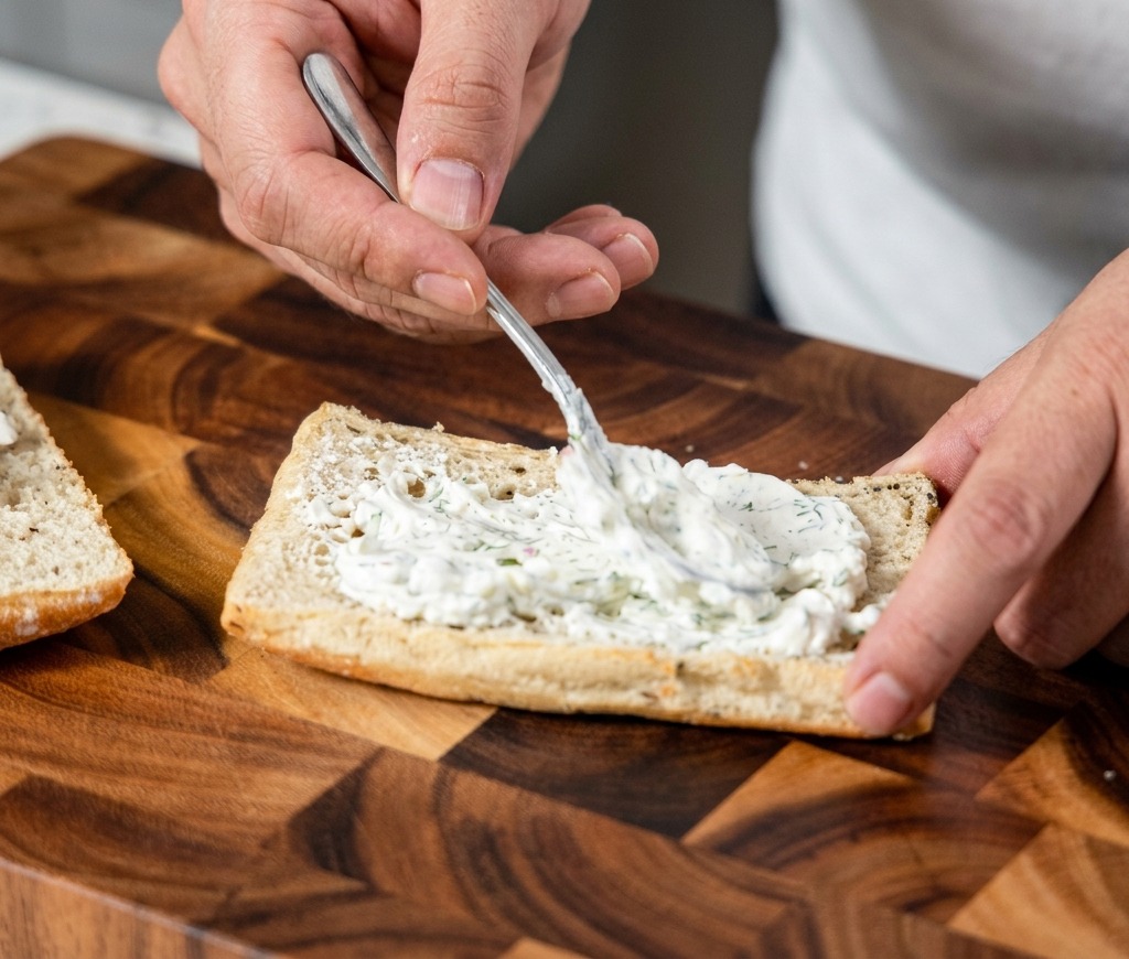 Gros plan sur une main utilisant une cuillère pour étaler une couche épaisse de fromage frais aux herbes blanc sur une tranche de pain artisanal grillé.