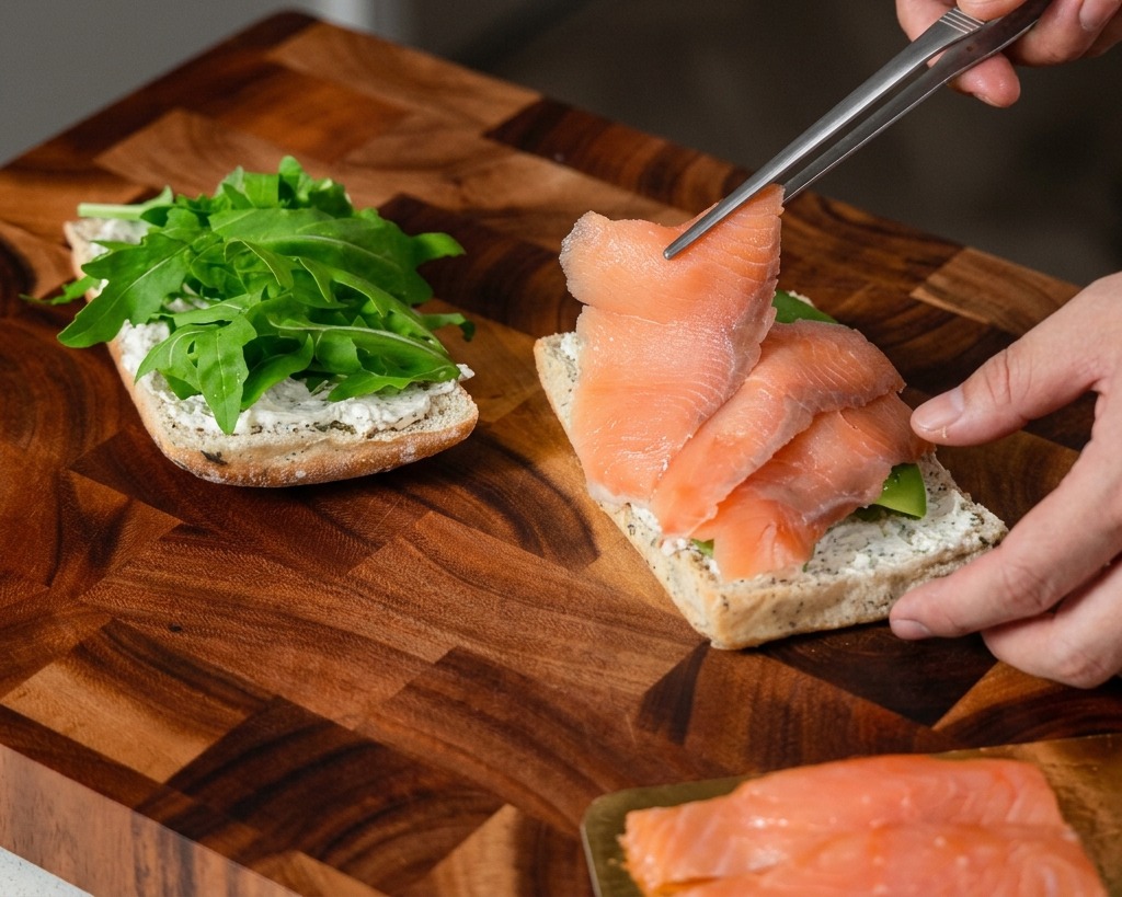 Une personne utilisant une pince de cuisine argentée pour disposer de délicats plis de saumon fumé sur un sandwich déjà garni de verdure et davocat.