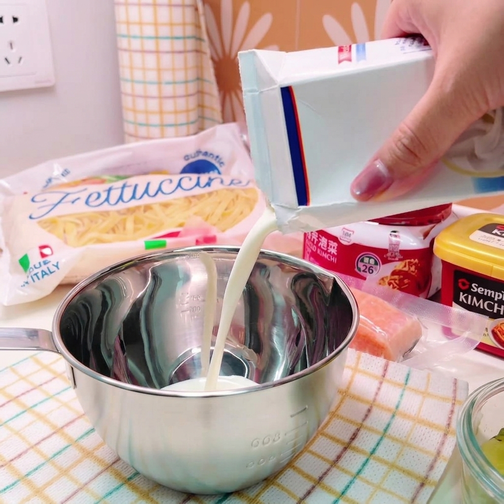 Du lait versé depuis une brique blanche dans un bol en métal contenant une pâte de piment rouge et des condiments.