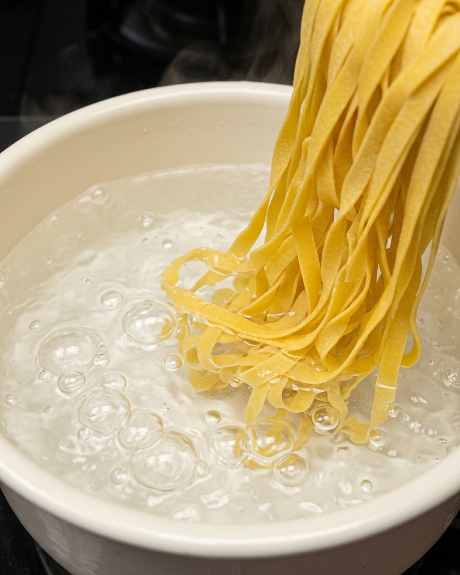 Des fettuccine jaunes plongées dans une casserole deau bouillante et fumante.