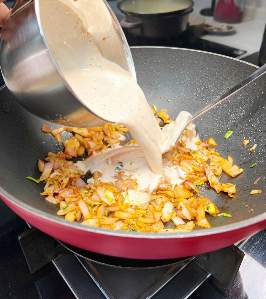 Une sauce crémeuse rose clair versée dun bol en acier inoxydable dans un wok contenant des oignons sautés et des aromates.