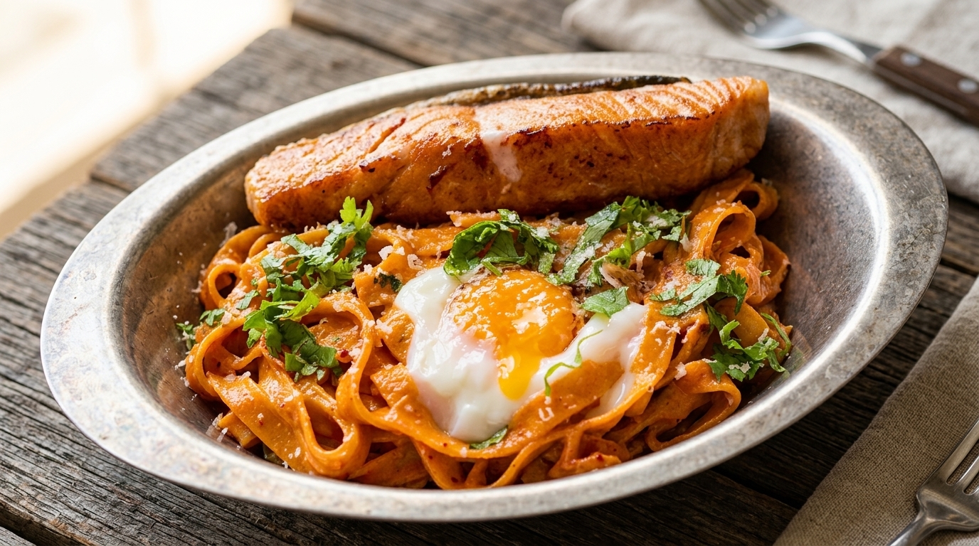 Pâtes crémeuses et épicées au saumon, kimchi et œuf onsen – Version allégée