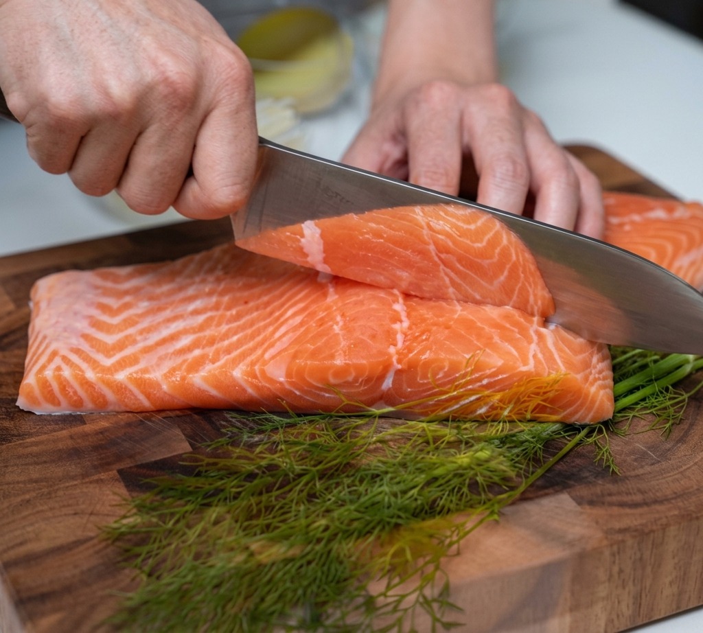 Mains coupant un pavé de saumon frais en dés réguliers avec un couteau bien aiguisé sur une planche en bois.