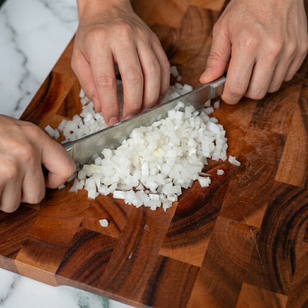 Mains éminçant finement un oignon blanc en petits cubes réguliers sur une planche à découper en bois sombre.
