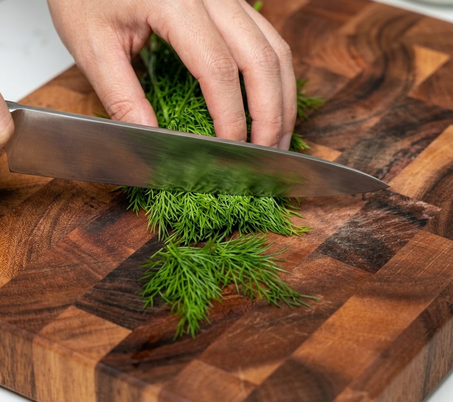 Aneth vert frais finement ciselé avec un grand couteau sur une planche en bois.