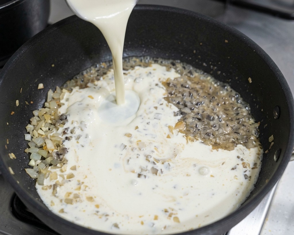 Crème liquide entière versée dans une poêle noire contenant les oignons et le vin blanc pour lier la sauce.