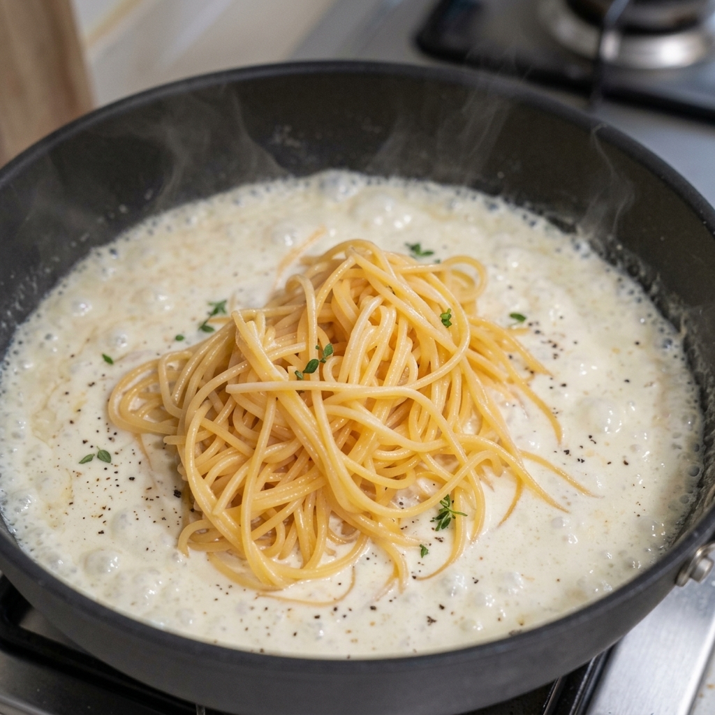 Un nid de spaghetti cuits plongé directement dans une poêle où frémit une sauce crème bien blanche.