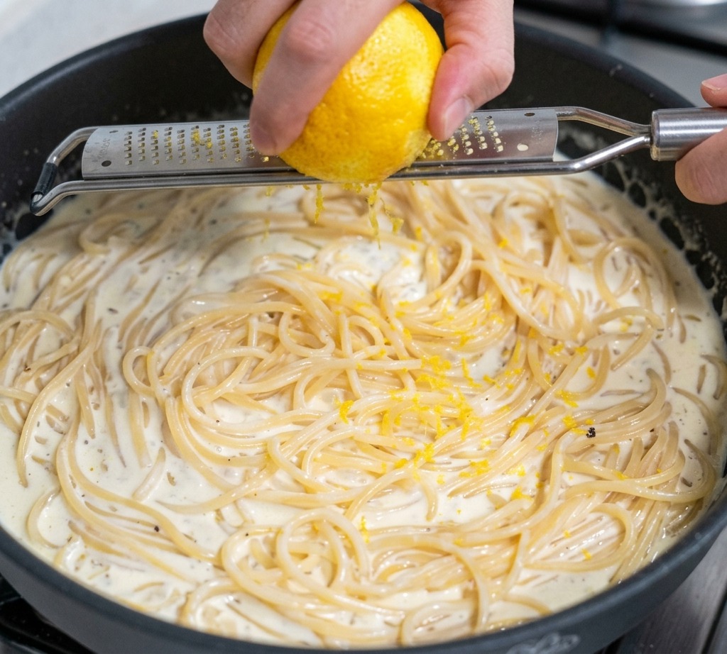 Une main utilisant une râpe microplane pour prélever le zeste jaune dun citron au-dessus dune poêle de spaghetti crémeux.