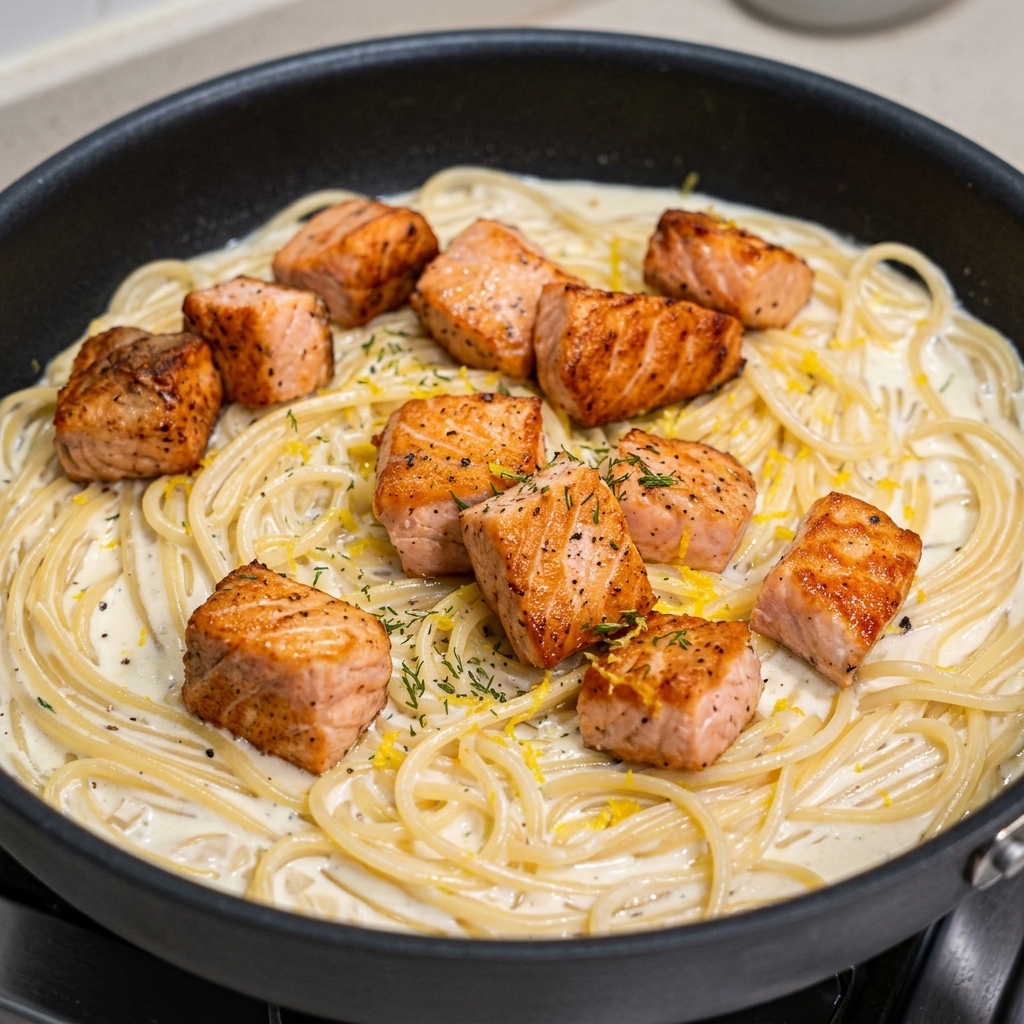 Dés de saumon croustillants et dorés déposés délicatement sur les spaghettis à la crème dans une grande poêle.