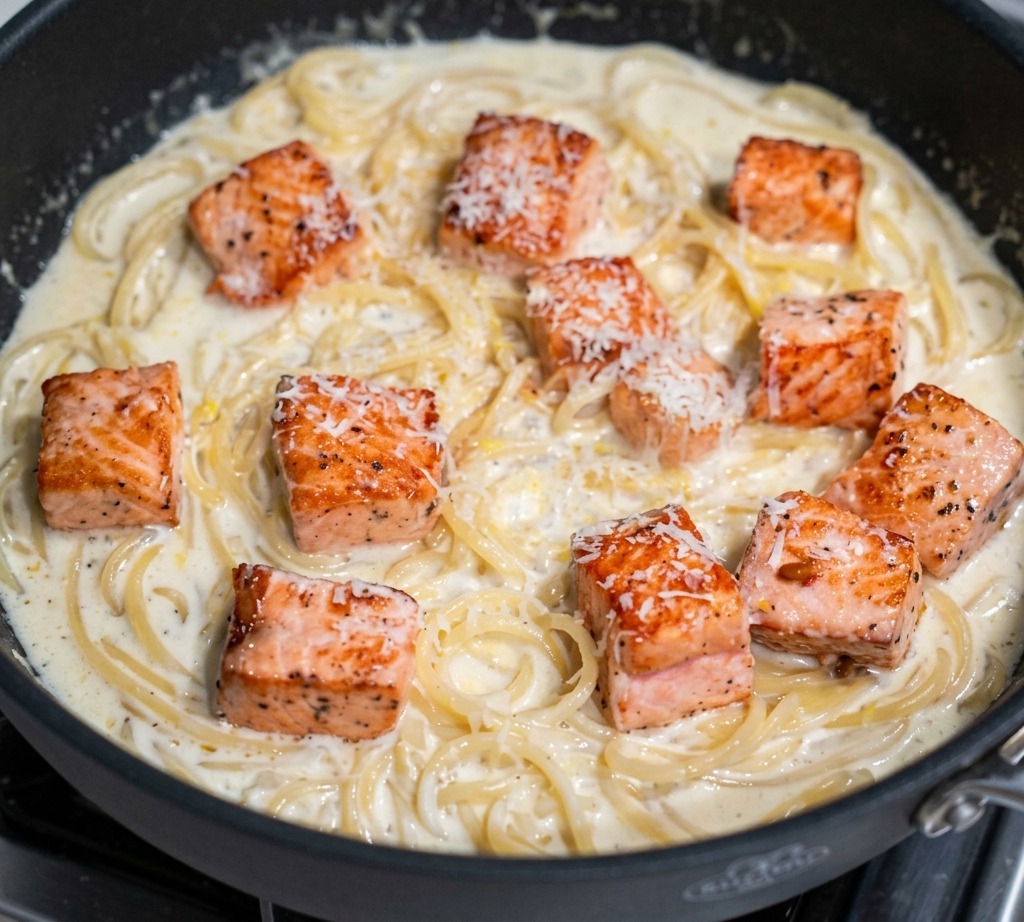 Parmesan frais râpé finement au-dessus des cubes de saumon et des pâtes crémeuses dans la poêle.