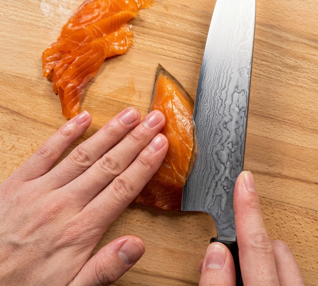 Gros plan sur des mains utilisant un couteau professionnel en acier damas pour découper un saumon fumé orange vif sur une planche en bois.