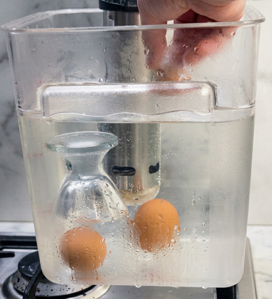 Une main plongeant des œufs bruns dans un bac deau claire équipé dun thermoplongeur de cuisson sous-vide.