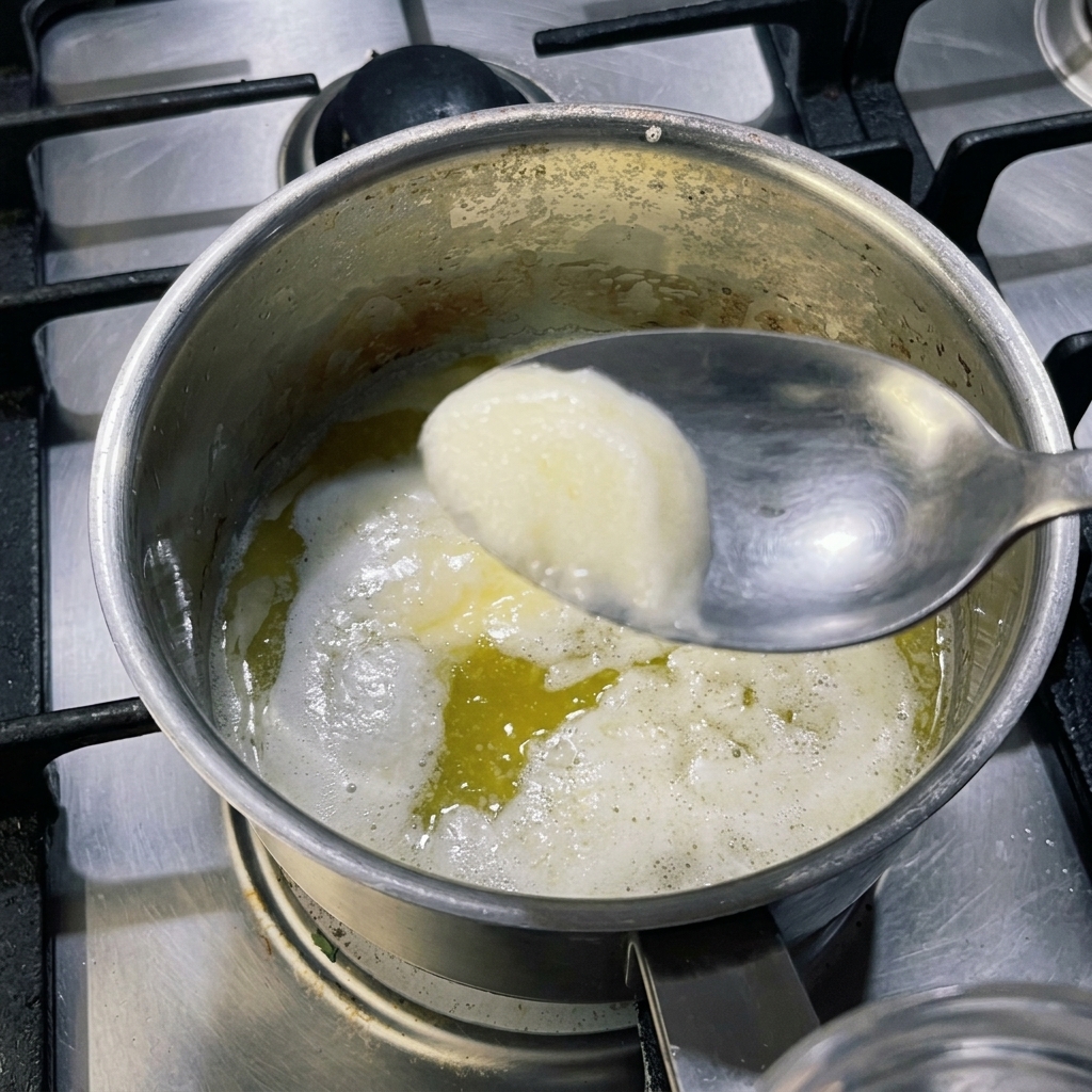 Une casserole en acier inoxydable sur une cuisinière contenant du beurre jaune fondu, avec une cuillère en métal écumant la mousse blanche en surface.