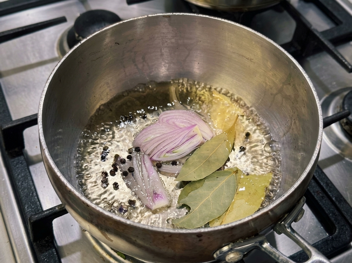 Une petite casserole en inox sur une plaque de cuisson contenant un liquide frémissant, des rondelles déchalote, des feuilles de laurier et des grains de poivre.
