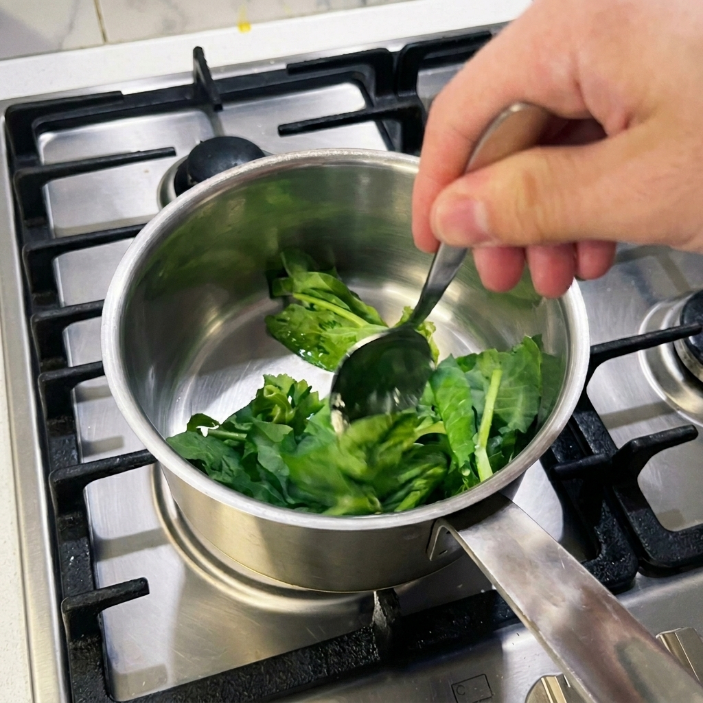 Une cuillère remuant de jeunes pousses de pois bien vertes dans une petite casserole en inox avec du beurre fondu.