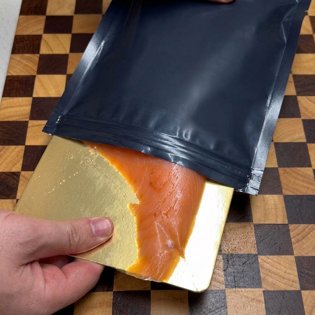 Une main sortant une large tranche de saumon fumé orangé de son emballage plastique pour la poser sur une planche en bois.