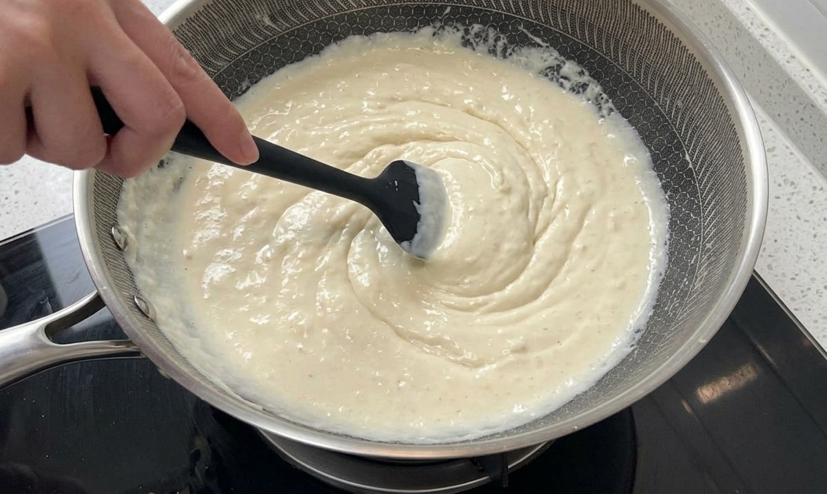 Une spatule noire remuant une sauce crème frémissante parsemée de morceaux de saumon orange dans une poêle en inox.